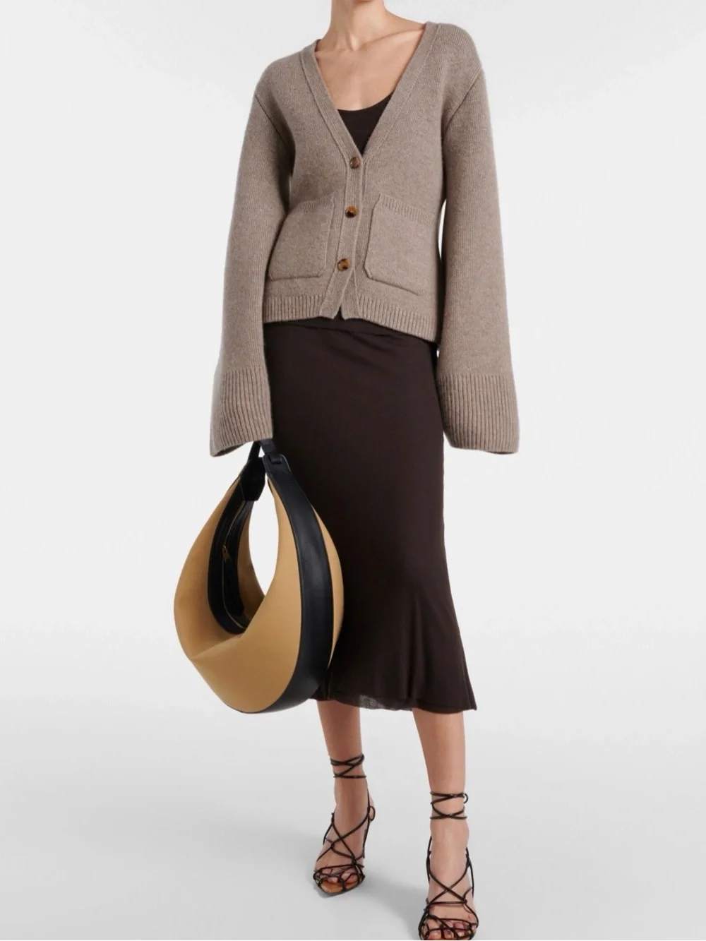 KHAITE Augustina Black Leather and Tan Canvas Crescent Hobo Tote Bag